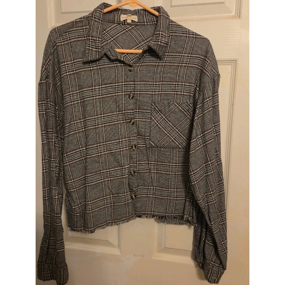 Gilded Intent gray plaid button-down shirt distressed, shredded raw hem XL